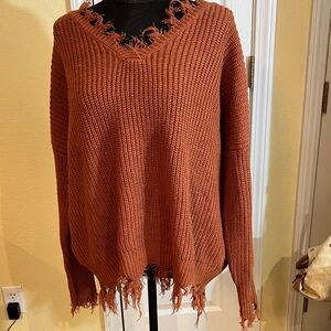 Women's Frayed Hem Sweater - Rust